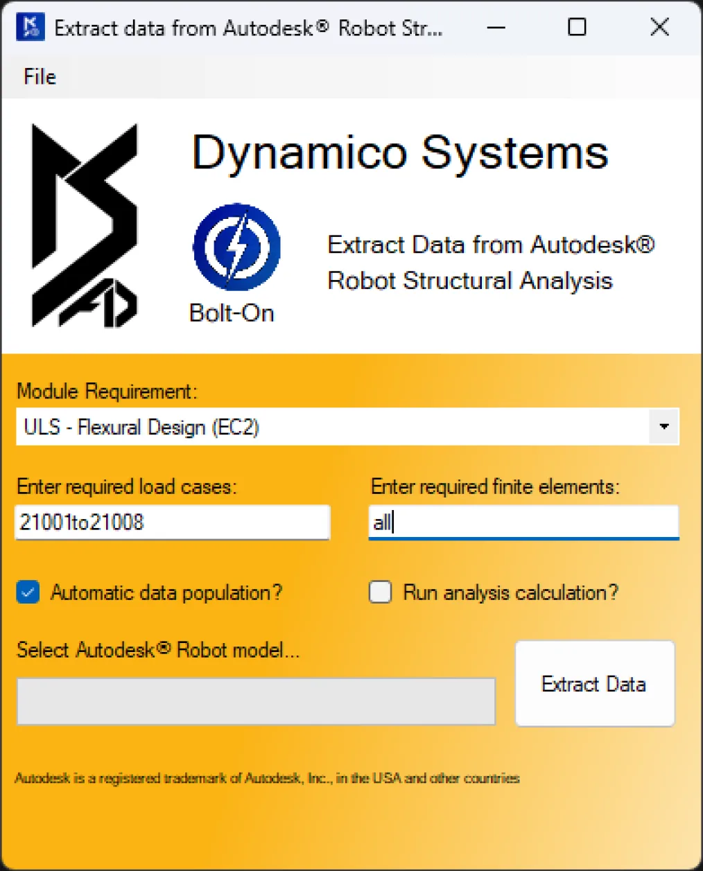 The Autodesk Robot Bolt-On: pick the module, the load cases and the elements, then extract