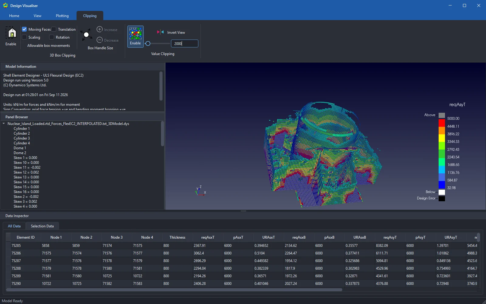 Reviewing the design in 3D in the Design Visualiser, with value clipping revealing the most heavily reinforced elements
