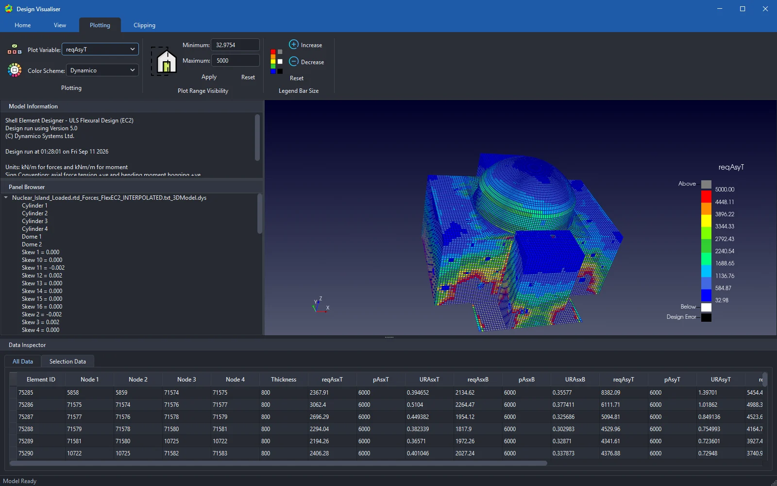 The Design Visualiser showing required reinforcement across a nuclear island model, with lighting on