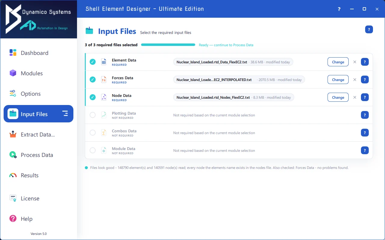 The Input Files page confirming 148,790 elements and 140,591 nodes read, with every file checked before the run